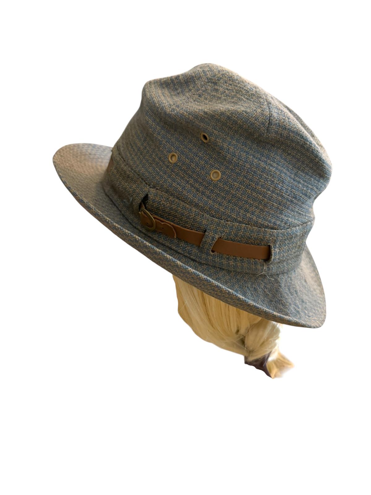 Gray Textured Wide-Brim Hat with Leather Accent