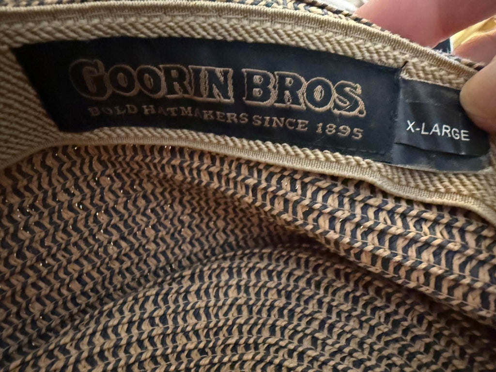 Goorin Bros Brown Straw Fedora Hat with Navy Blue Ribbon
