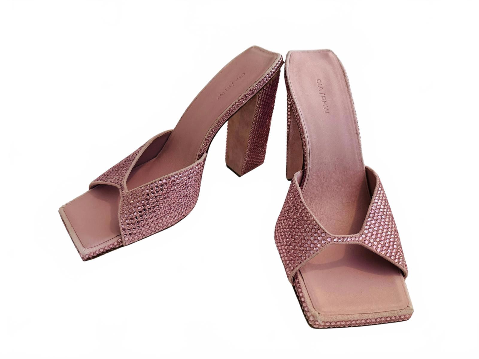 Gia/RHW Pink Crystal Embellished Square Toe Block Heel Sandals