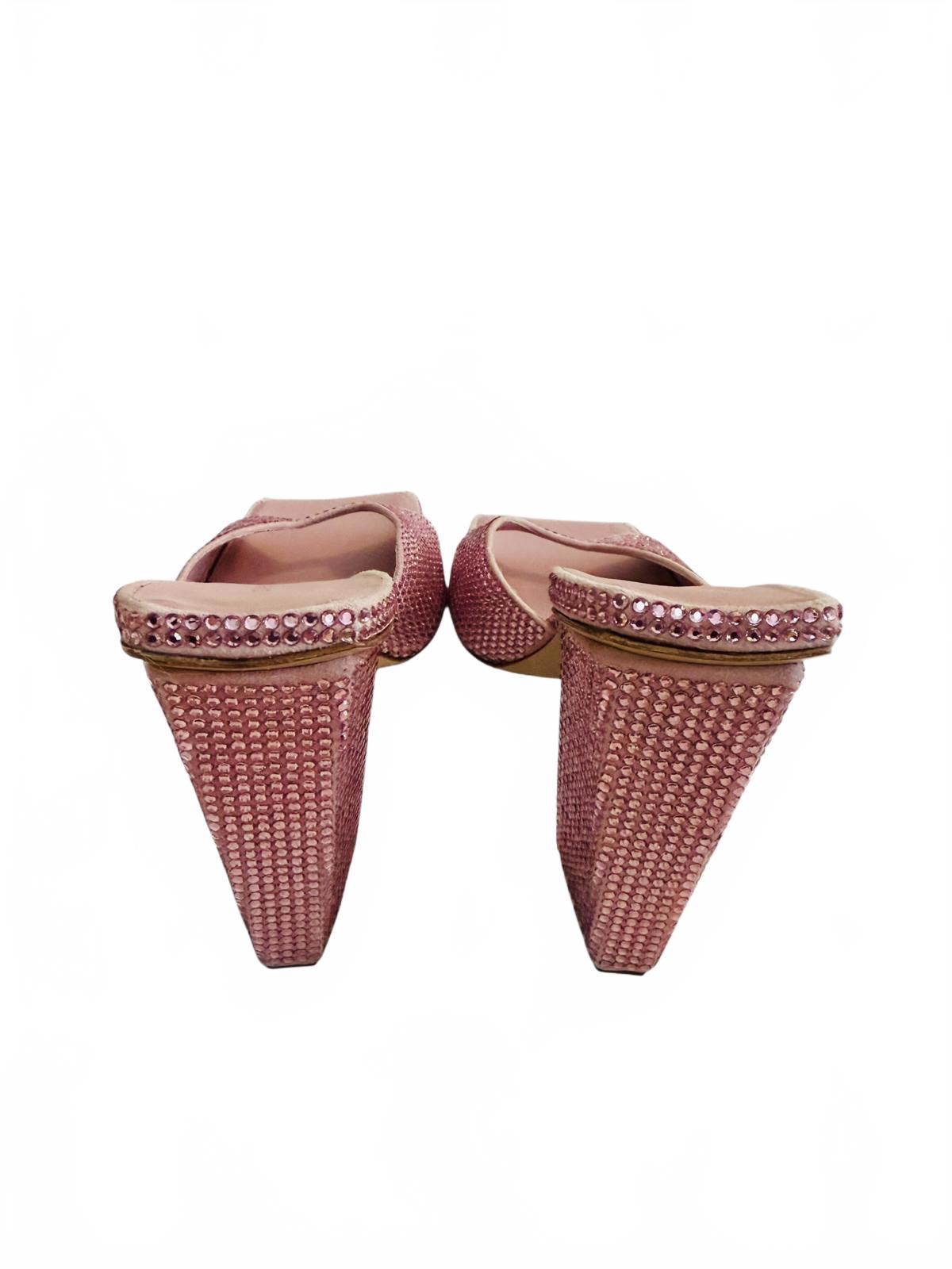 Gia/RHW Pink Crystal Embellished Square Toe Block Heel Sandals
