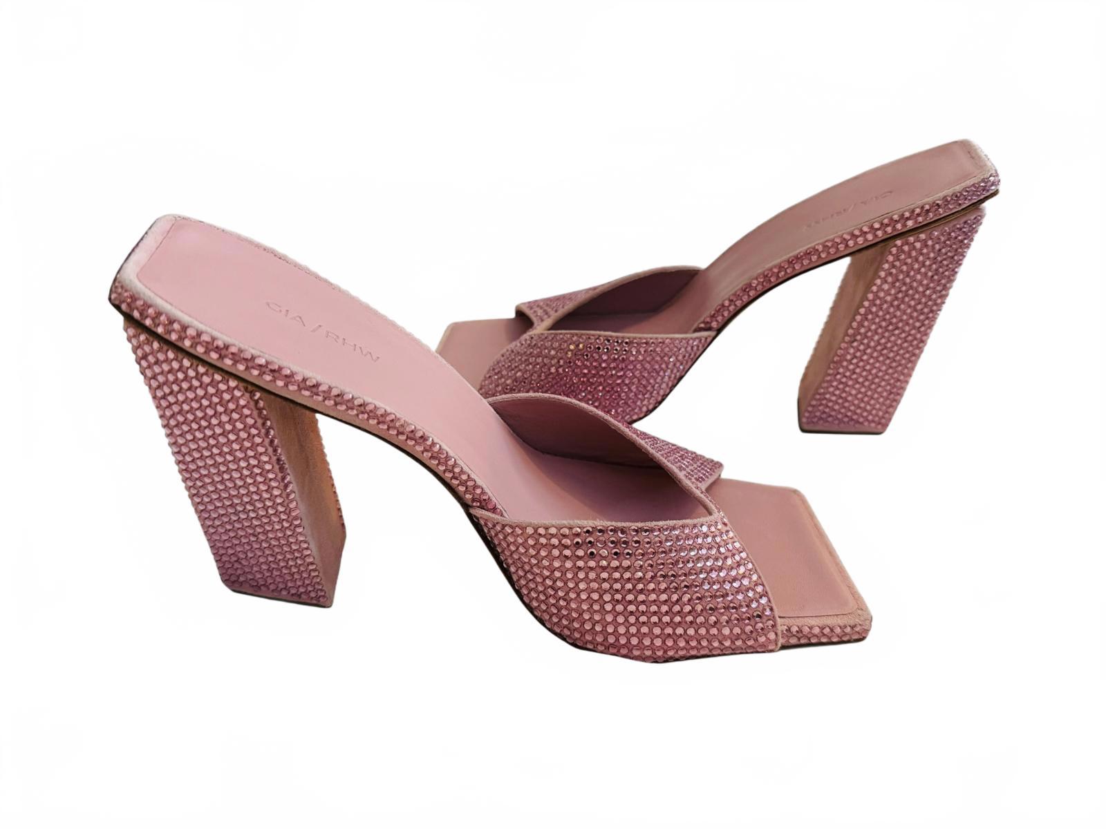 Gia/RHW Pink Crystal Embellished Square Toe Block Heel Sandals