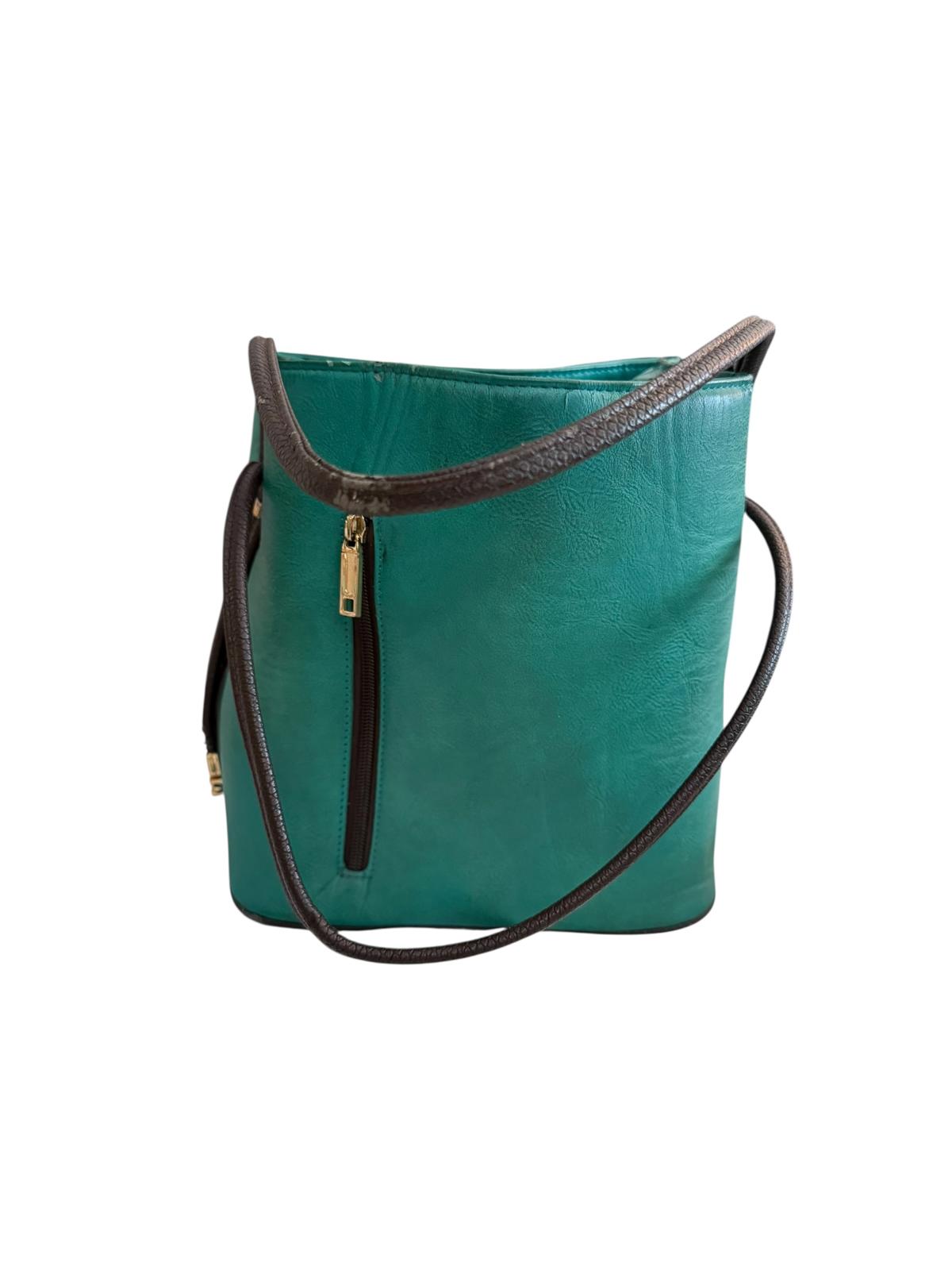 Same Teal Green Leather Shoulder Bag with Brown Trim and Gold Hardware