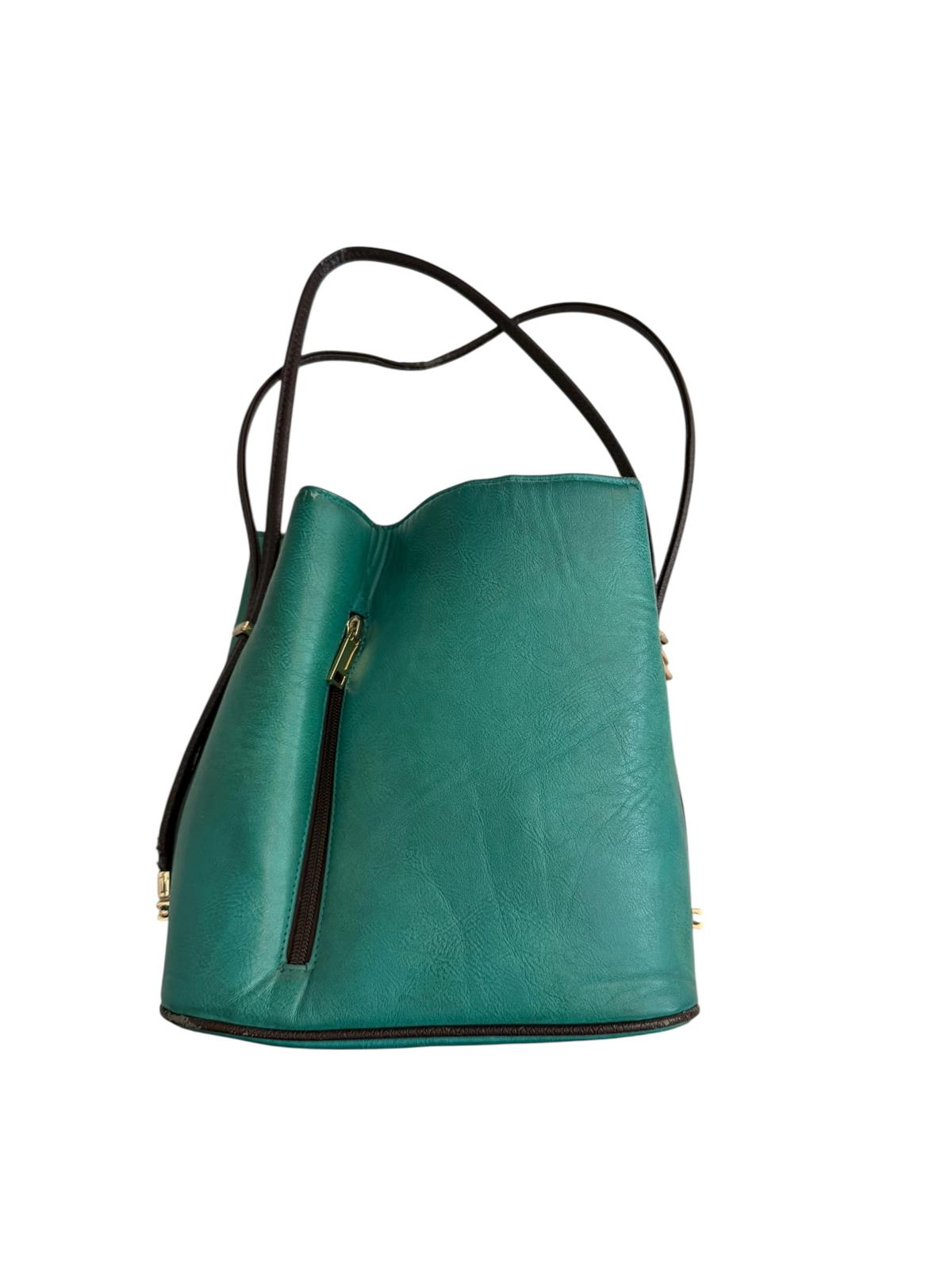Same Teal Green Leather Shoulder Bag with Brown Trim and Gold Hardware