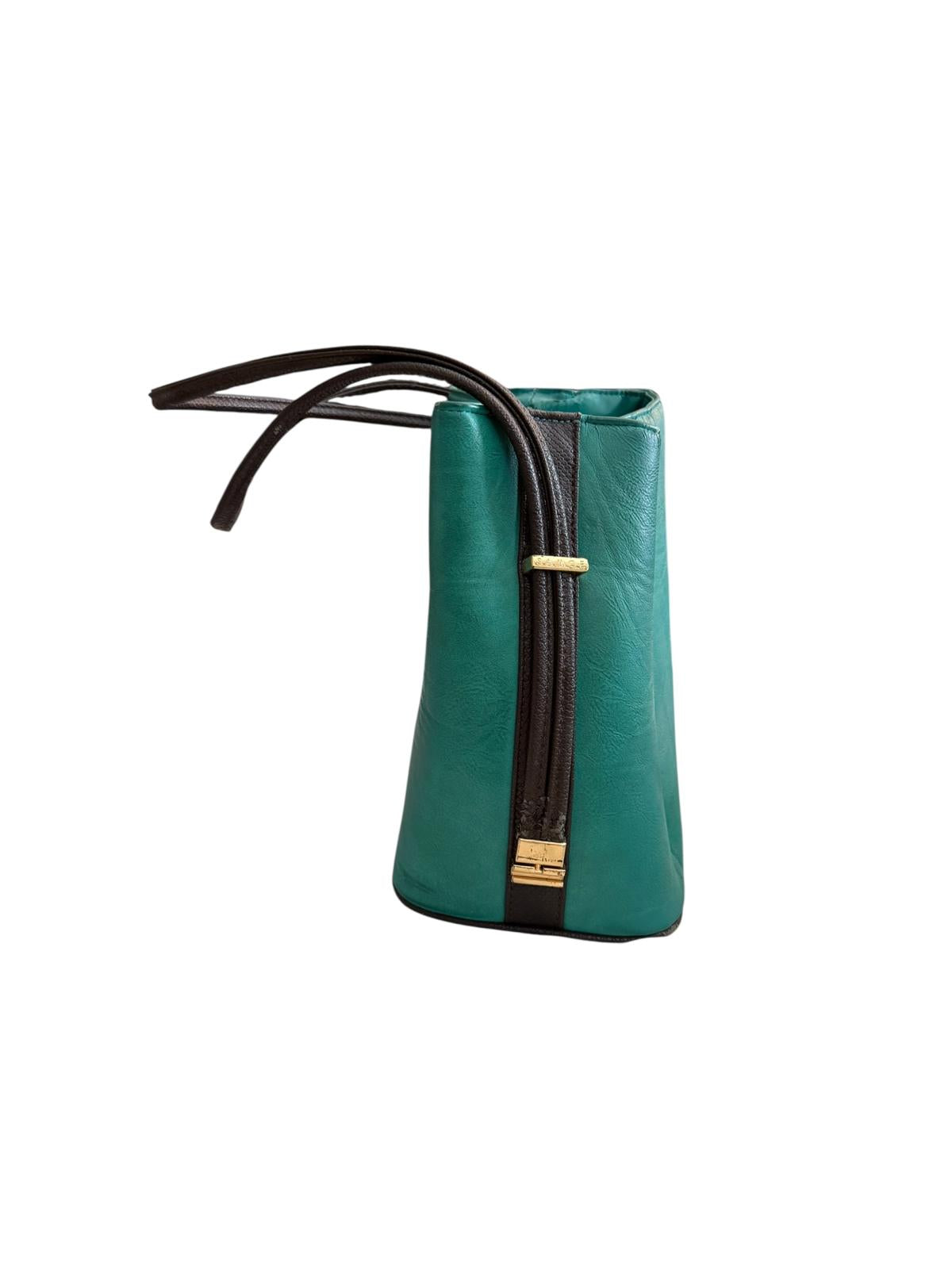 Same Teal Green Leather Shoulder Bag with Brown Trim and Gold Hardware
