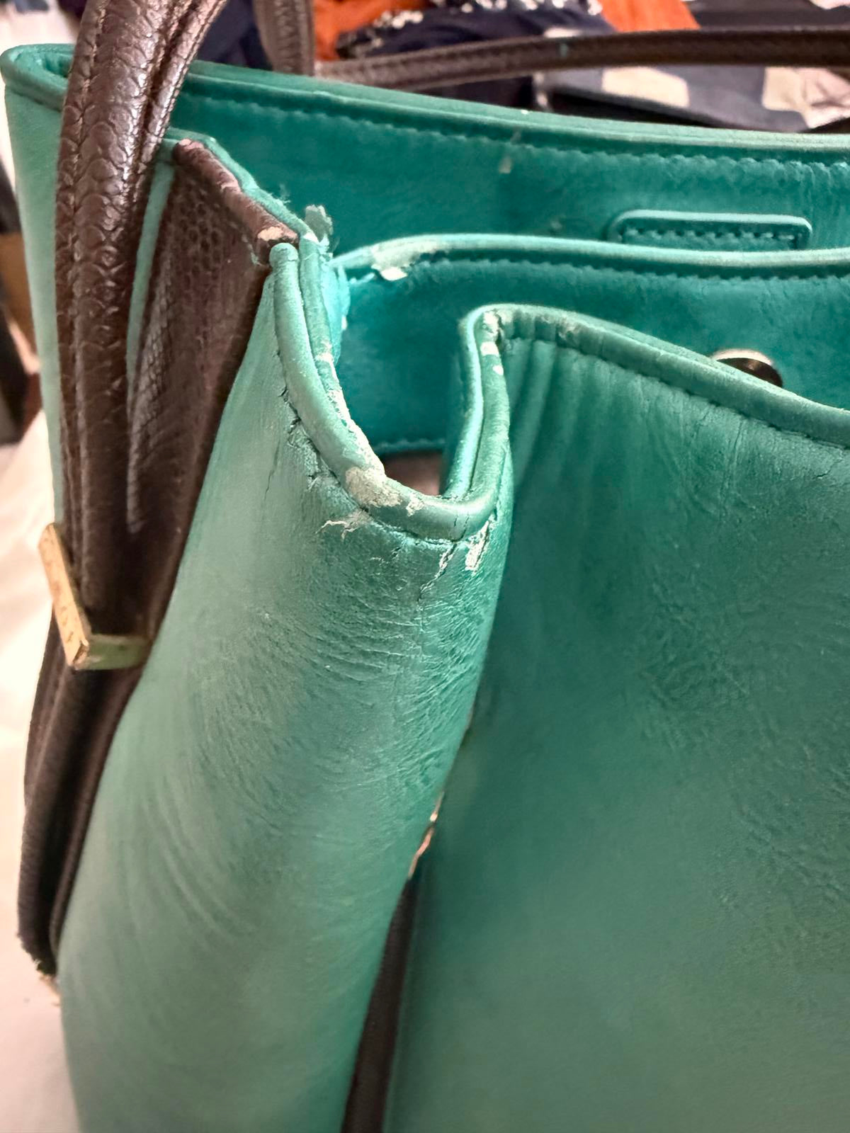 Same Teal Green Leather Shoulder Bag with Brown Trim and Gold Hardware