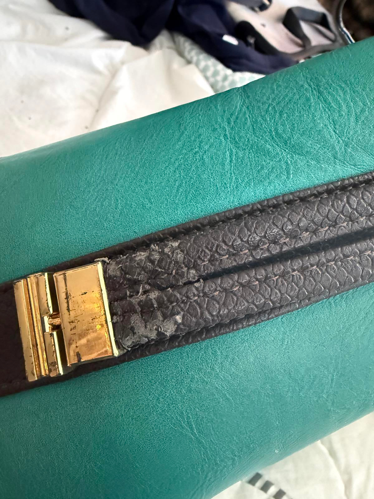 Same Teal Green Leather Shoulder Bag with Brown Trim and Gold Hardware