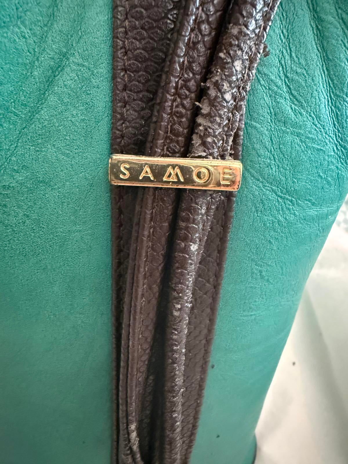 Same Teal Green Leather Shoulder Bag with Brown Trim and Gold Hardware