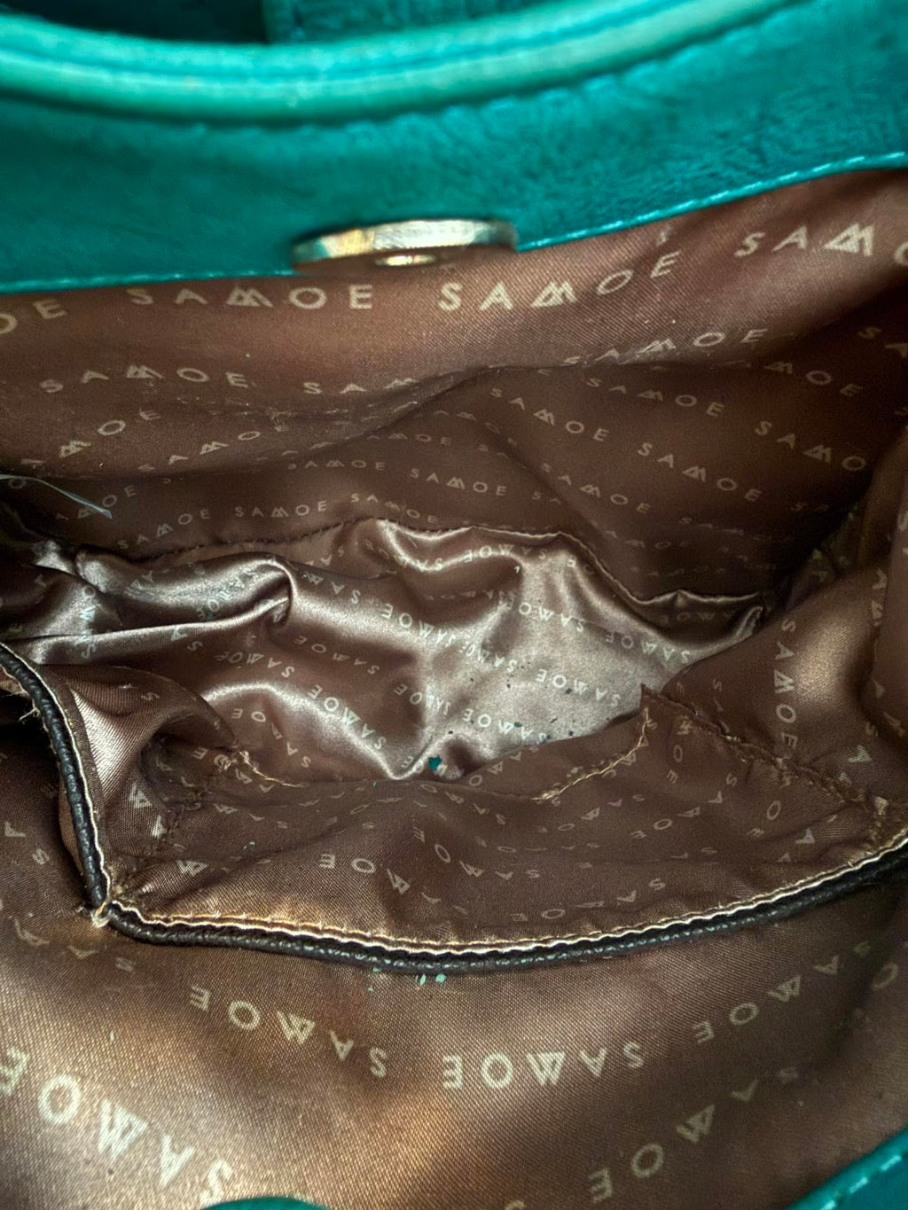 Same Teal Green Leather Shoulder Bag with Brown Trim and Gold Hardware