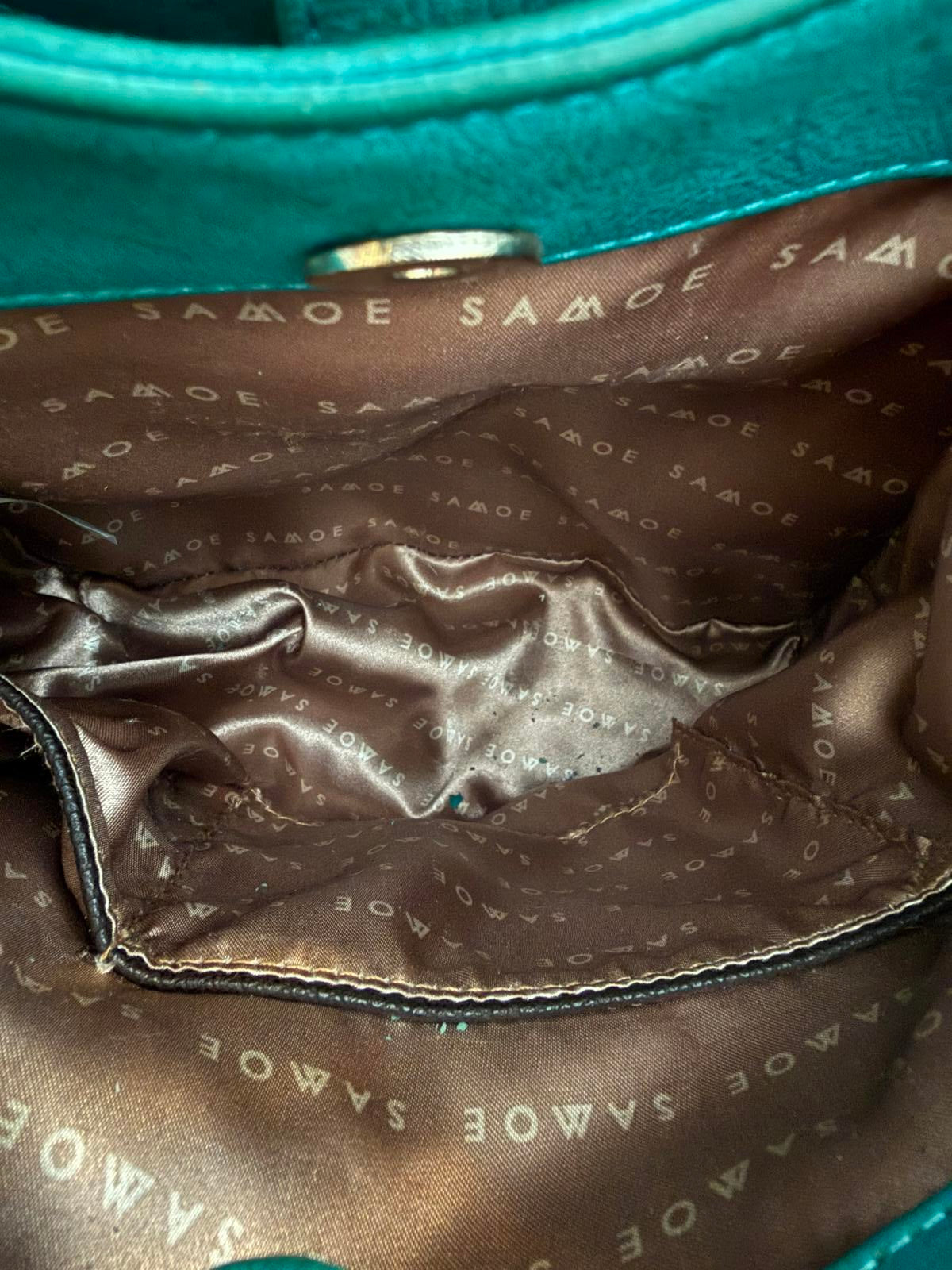 Same Teal Green Leather Shoulder Bag with Brown Trim and Gold Hardware