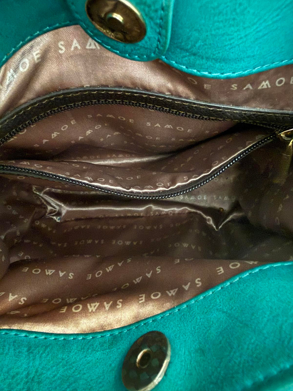 Same Teal Green Leather Shoulder Bag with Brown Trim and Gold Hardware