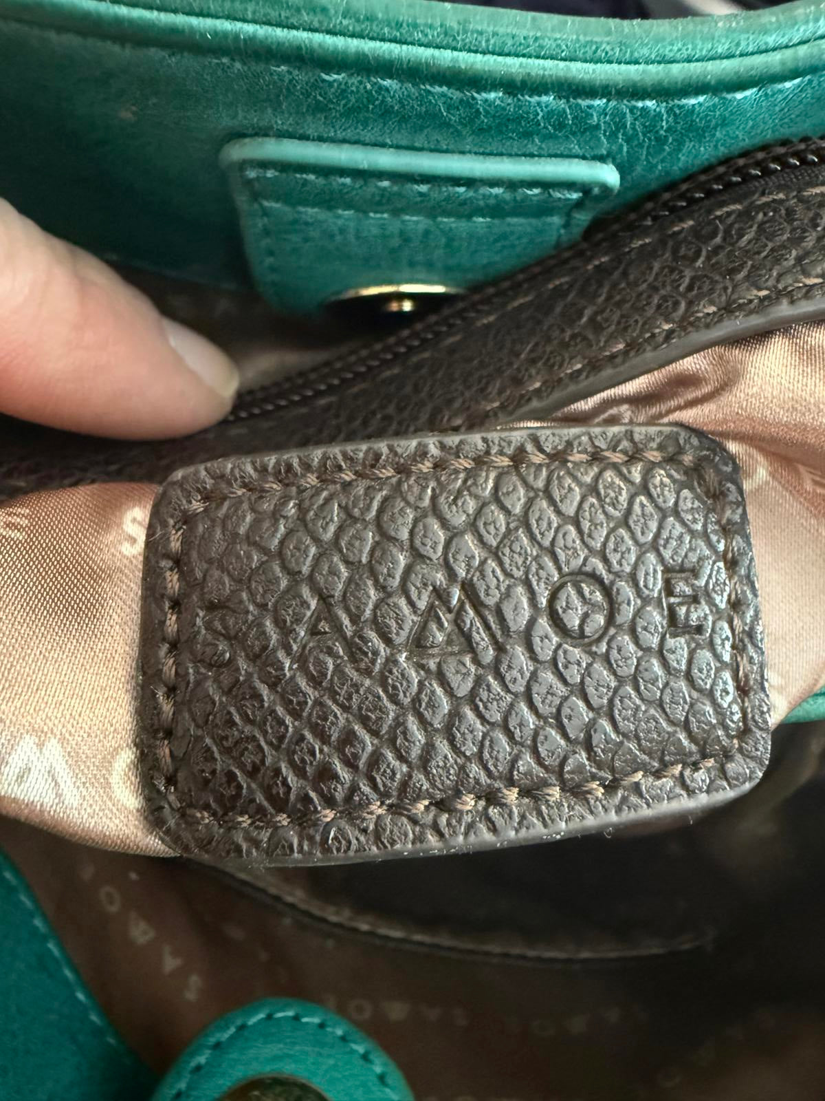 Same Teal Green Leather Shoulder Bag with Brown Trim and Gold Hardware