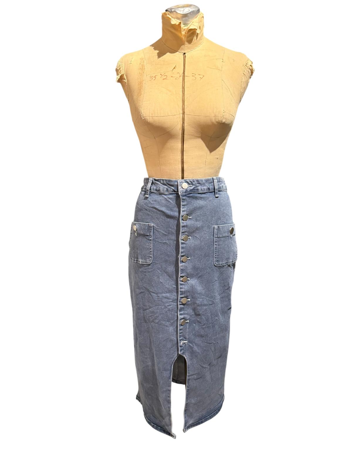 Light Blue Denim Midi Skirt with Front Button Closure