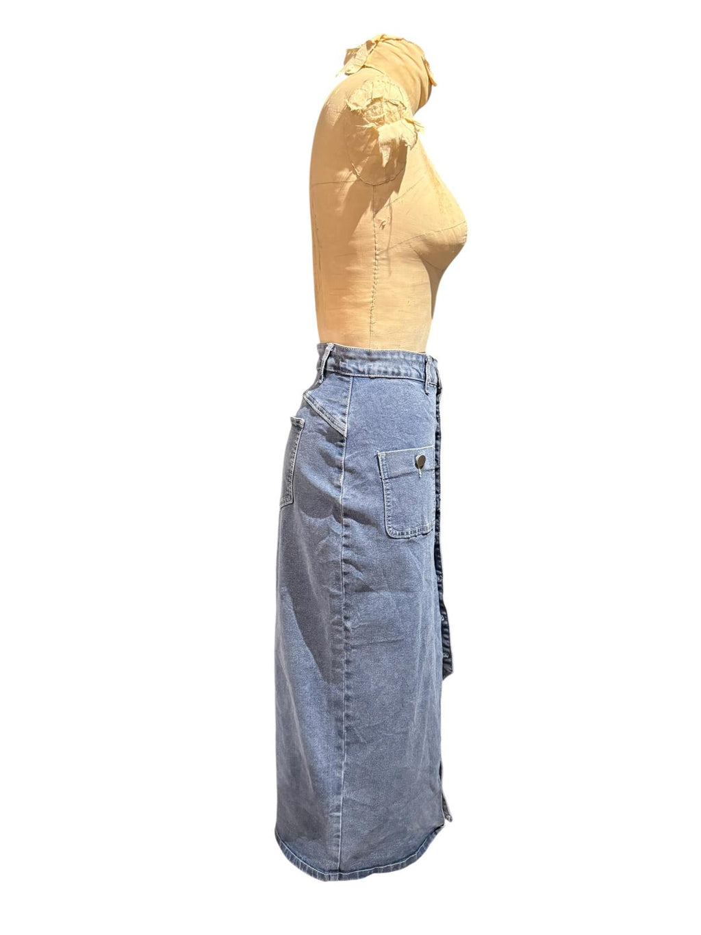 Light Blue Denim Midi Skirt with Front Button Closure