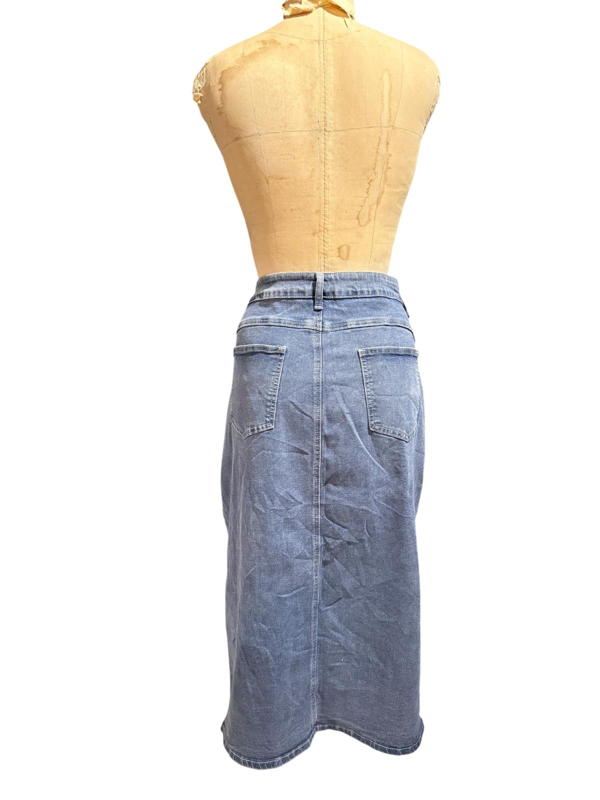 Light Blue Denim Midi Skirt with Front Button Closure
