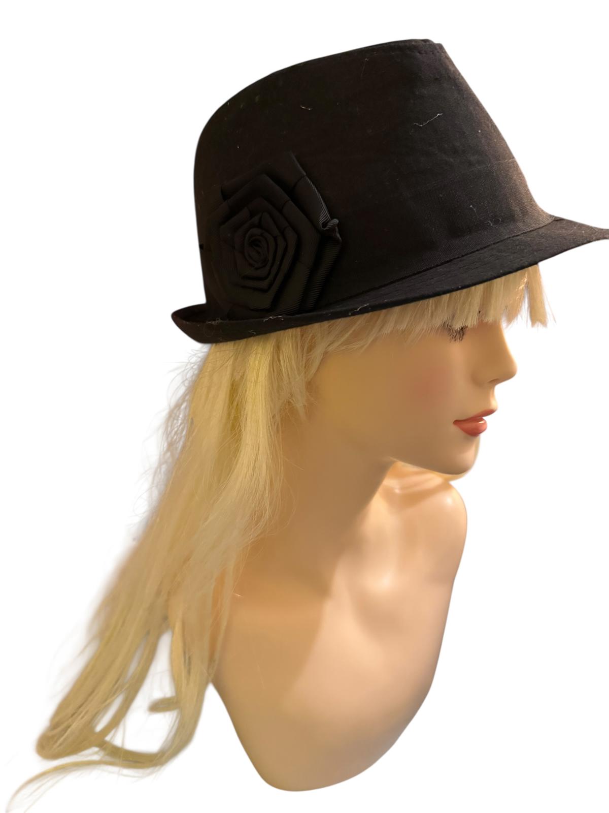 Black Fedora Hat with Decorative Rose Accent