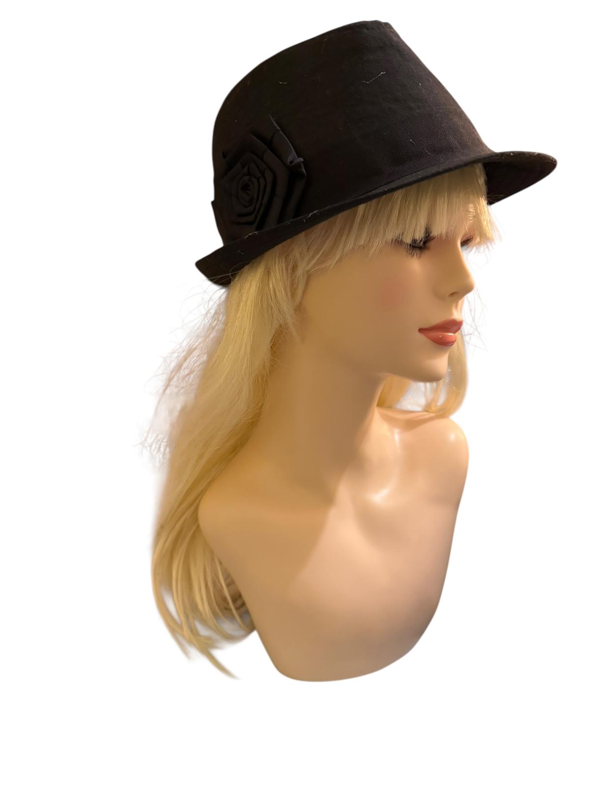 Black Fedora Hat with Decorative Rose Accent
