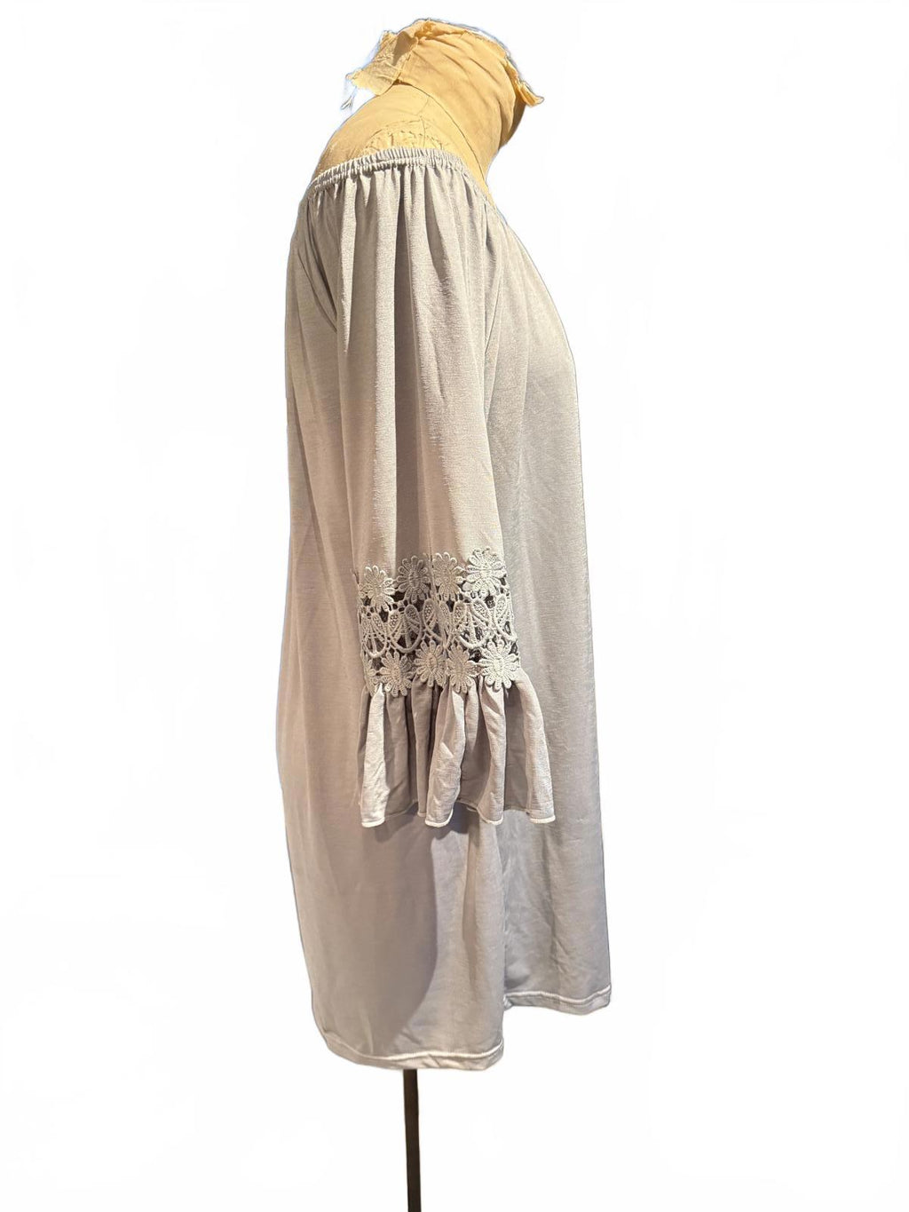 Off-Shoulder Light Gray Dress with Crochet Lace Detail