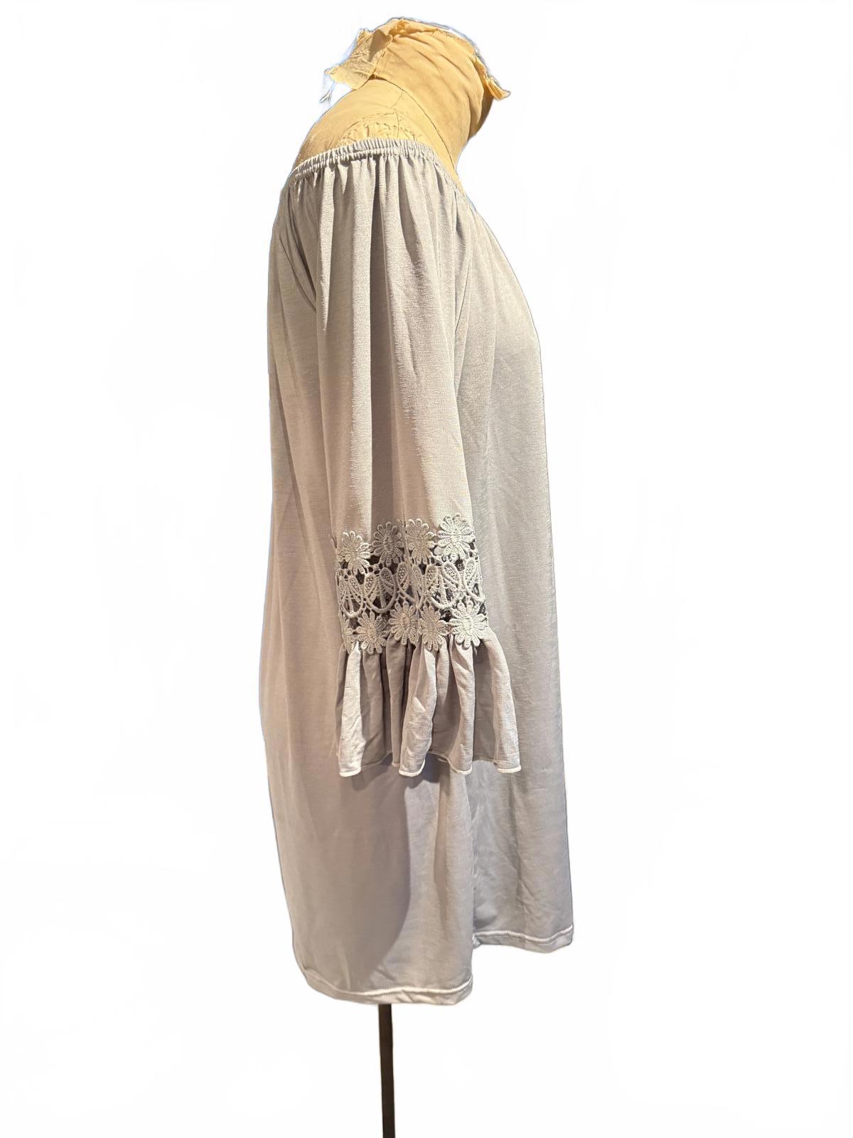 Off-Shoulder Light Gray Dress with Crochet Lace Detail