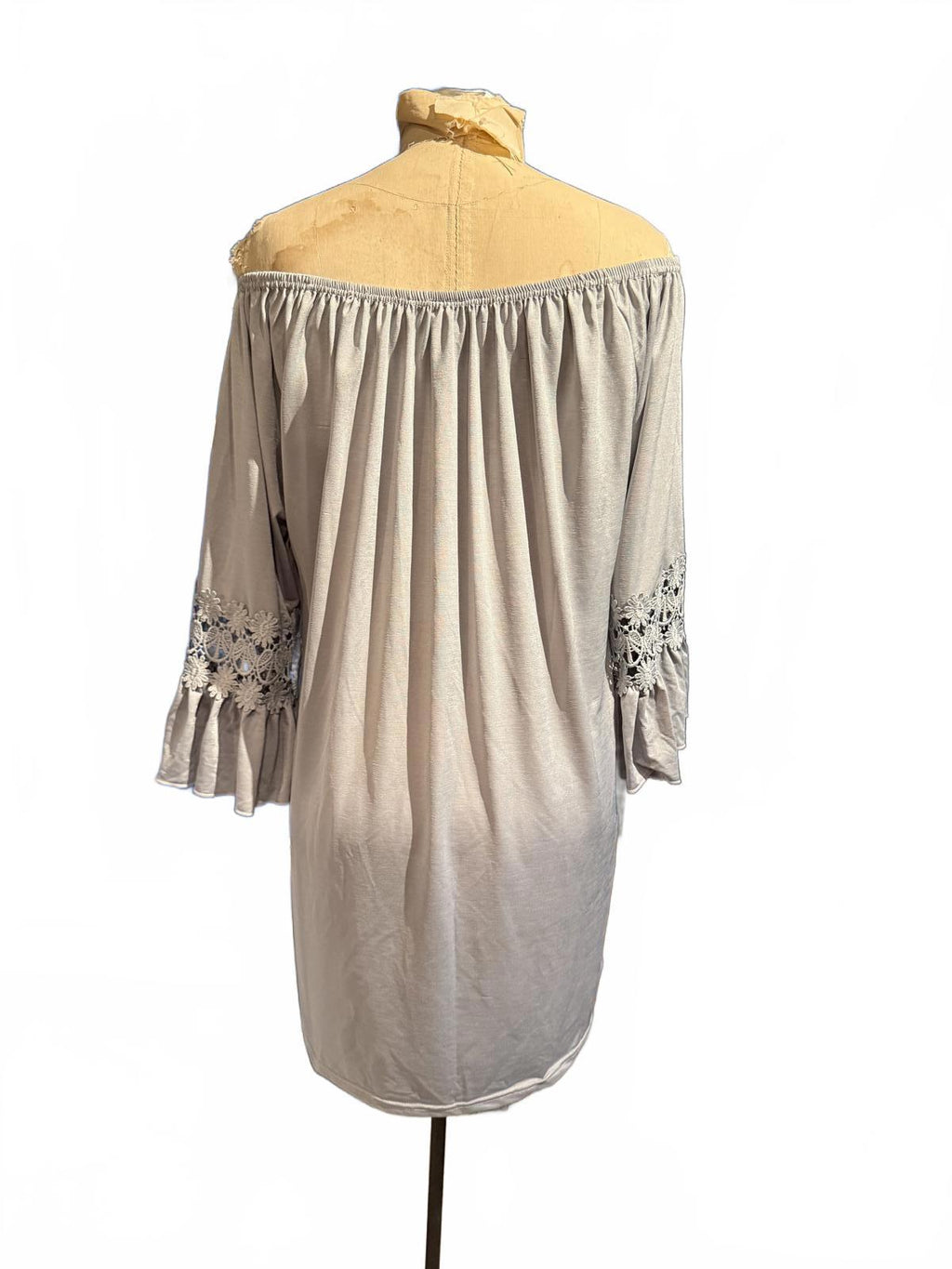 Off-Shoulder Light Gray Dress with Crochet Lace Detail