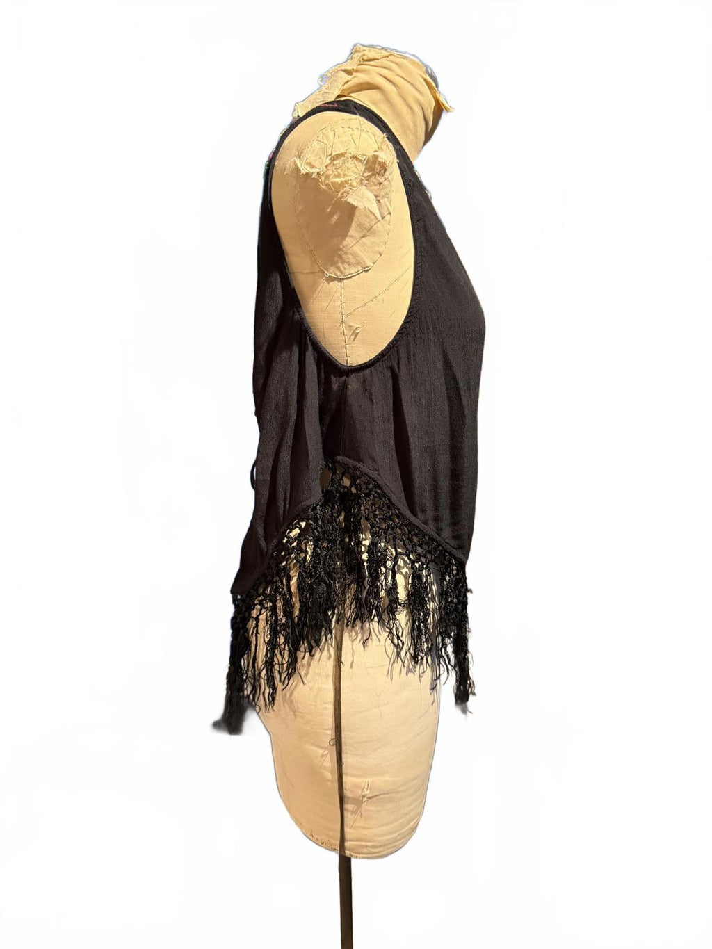 Free People Black Embroidered Fringe Sleeveless Top with Tie Back