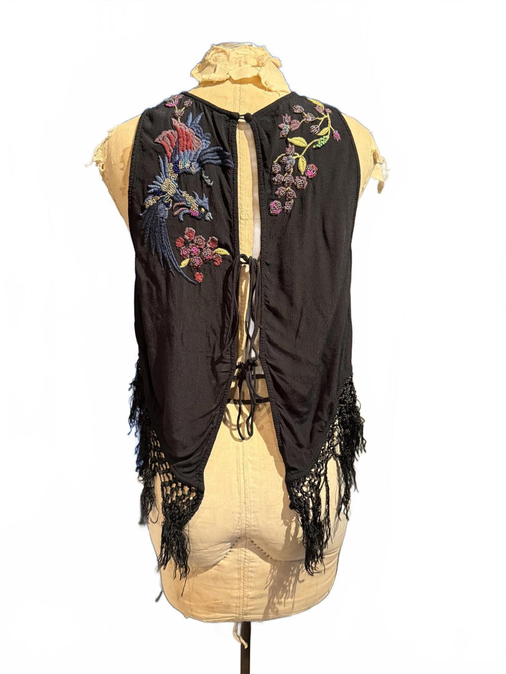 Free People Black Embroidered Fringe Sleeveless Top with Tie Back