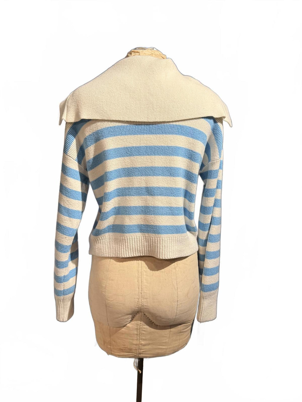 Sincerely Jules Striped Blue and Cream Knit Sweater with Wide Collar