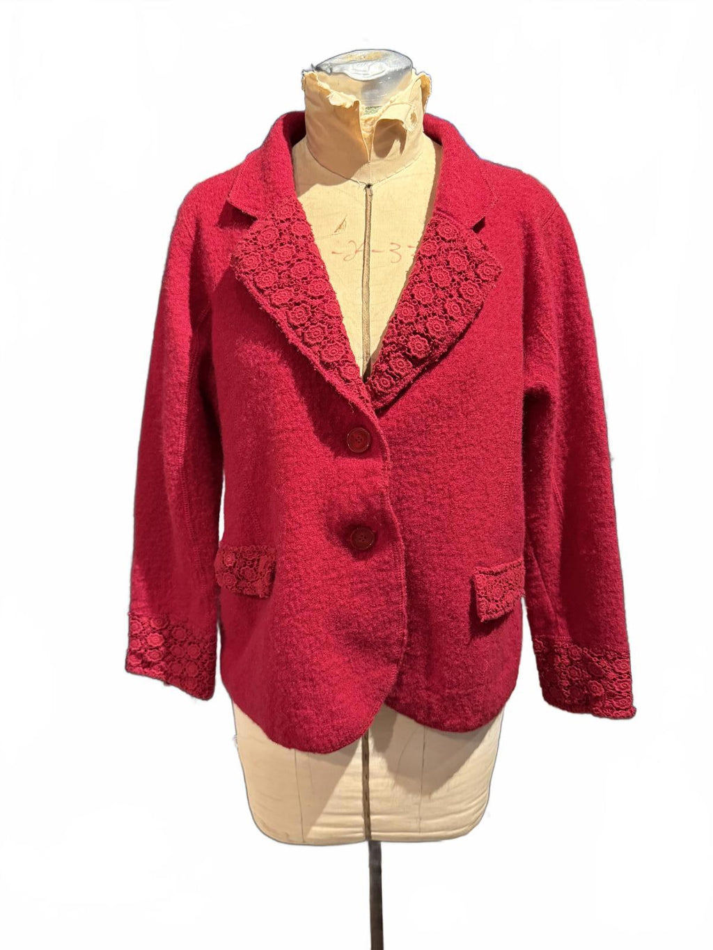 Preswick & Moore 100% Red Wool Blend Button-Up Blazer with Lace Trim