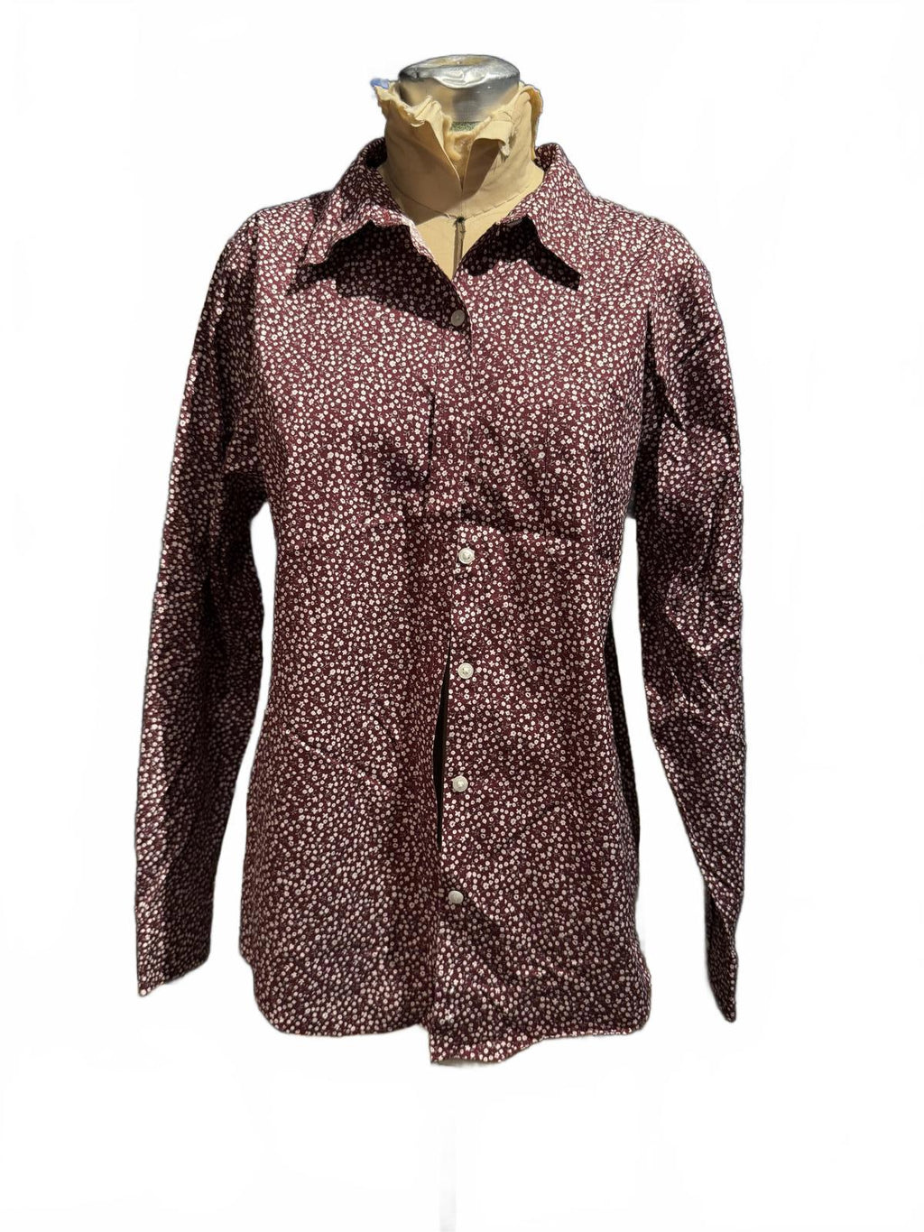 L.L. Bean Long Sleeve Burgundy Button-Up Shirt with White Flower Pattern