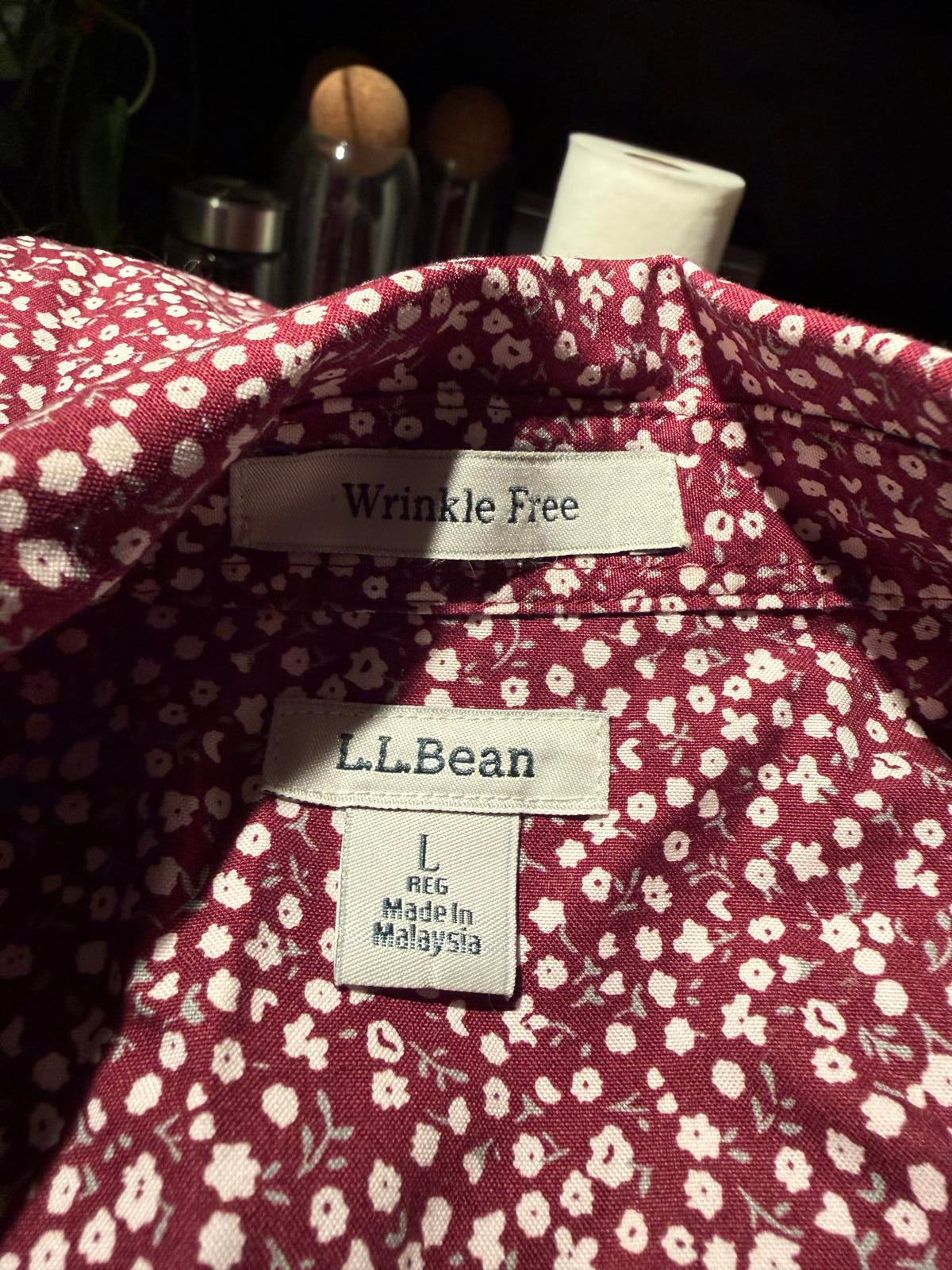 L.L. Bean Long Sleeve Burgundy Button-Up Shirt with White Flower Pattern