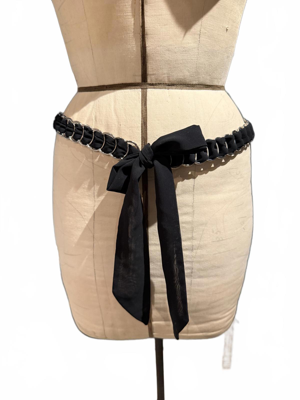 Black Fabric and Silver Ring Waist Belt with Tie Closure