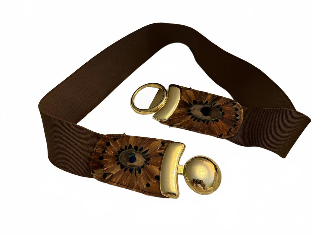Vintage Belt with Gold-tone Buckle and Peacock Feather
