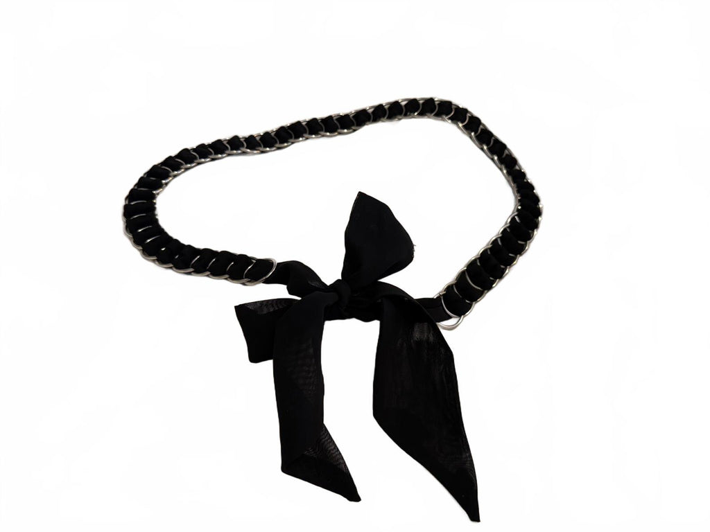 Black Fabric and Silver Ring Waist Belt with Tie Closure