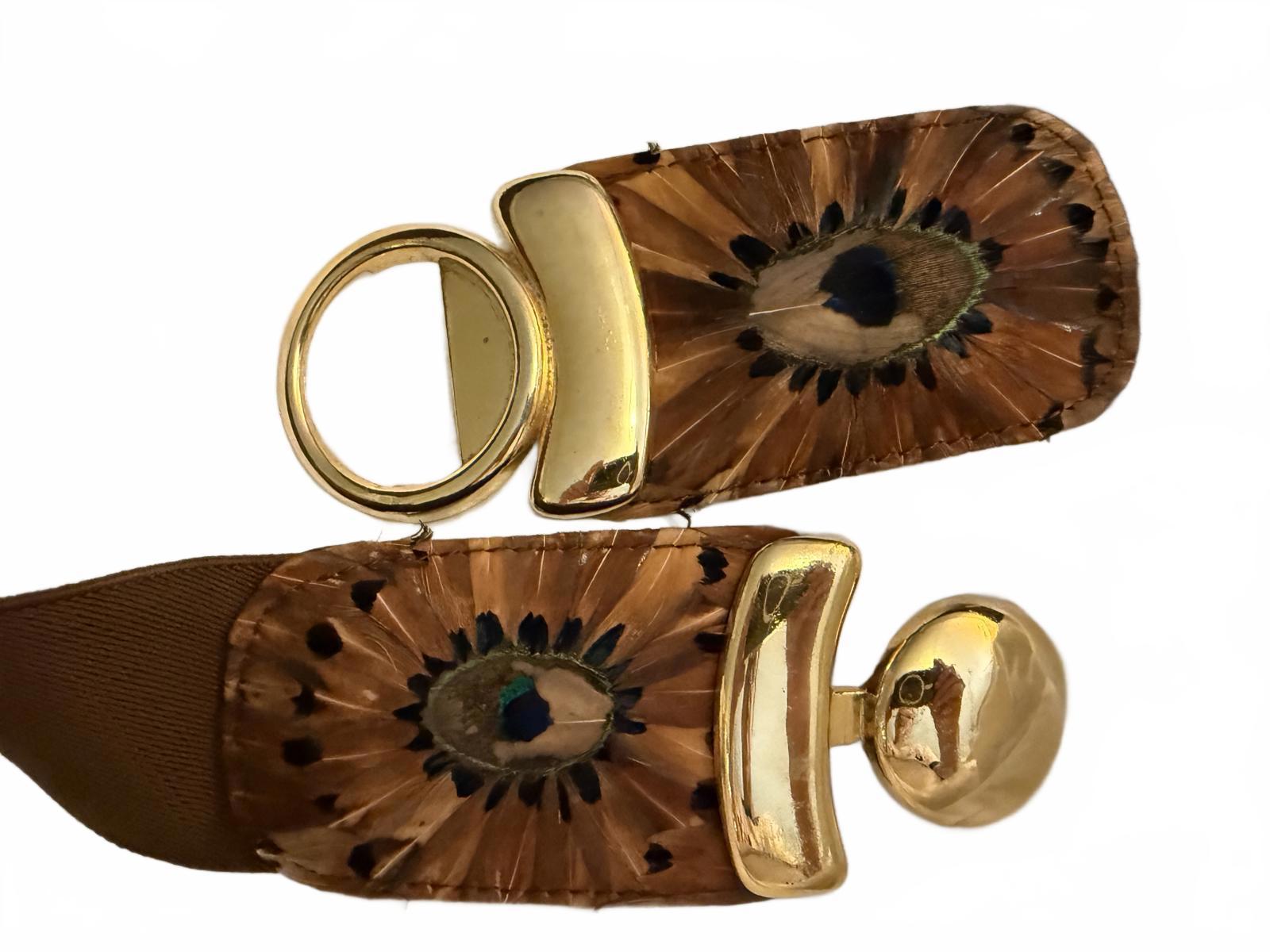 Vintage Belt with Gold-tone Buckle and Peacock Feather