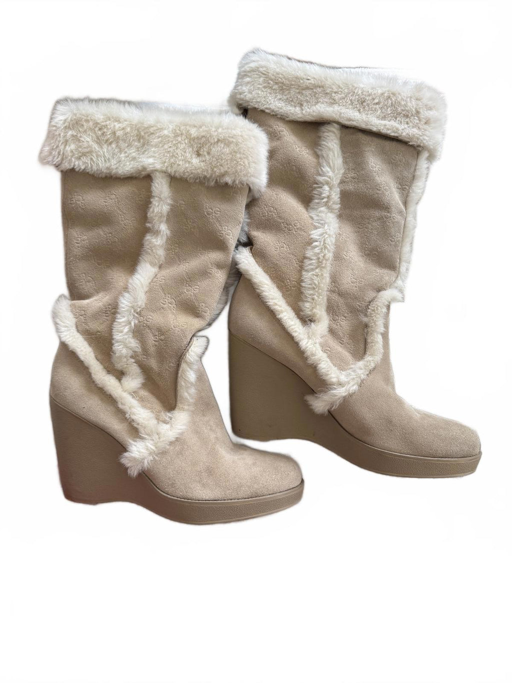 BCBG Maxazria Tan Faux Fur Lined Wedge Boots