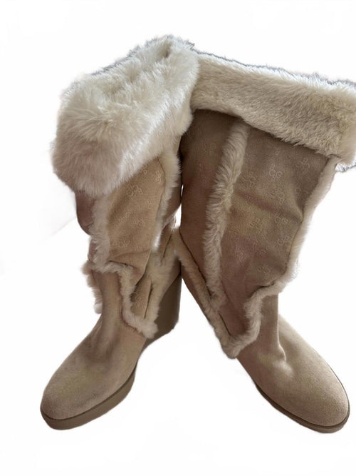 BCBG Maxazria Tan Faux Fur Lined Wedge Boots