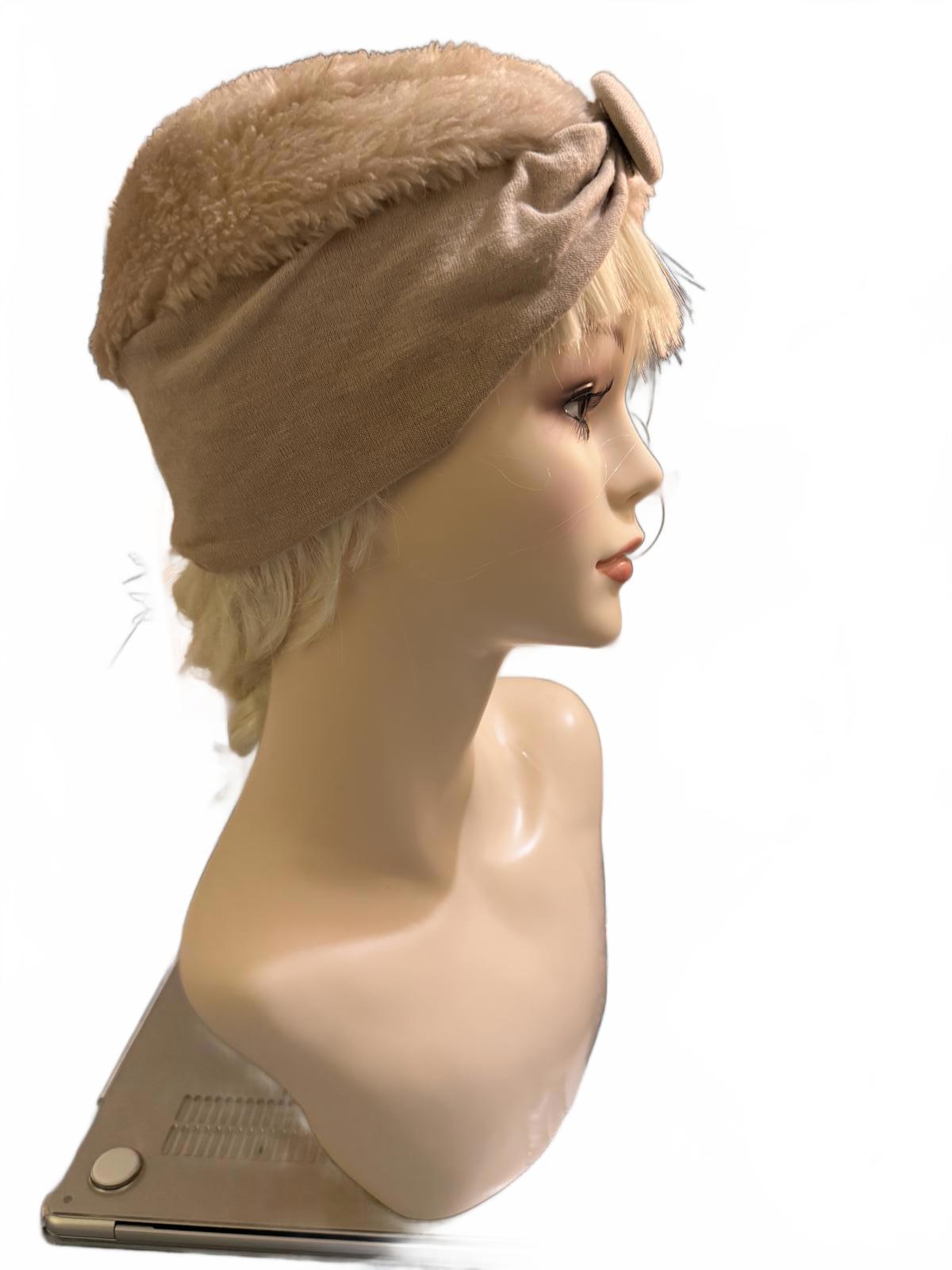 Beige Faux Fur and Fabric Turban Headband