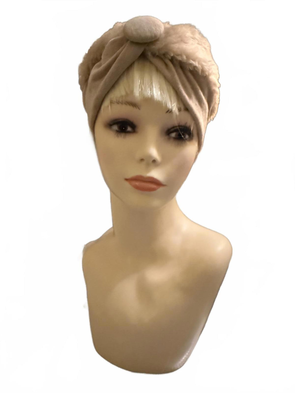 Beige Faux Fur and Fabric Turban Headband