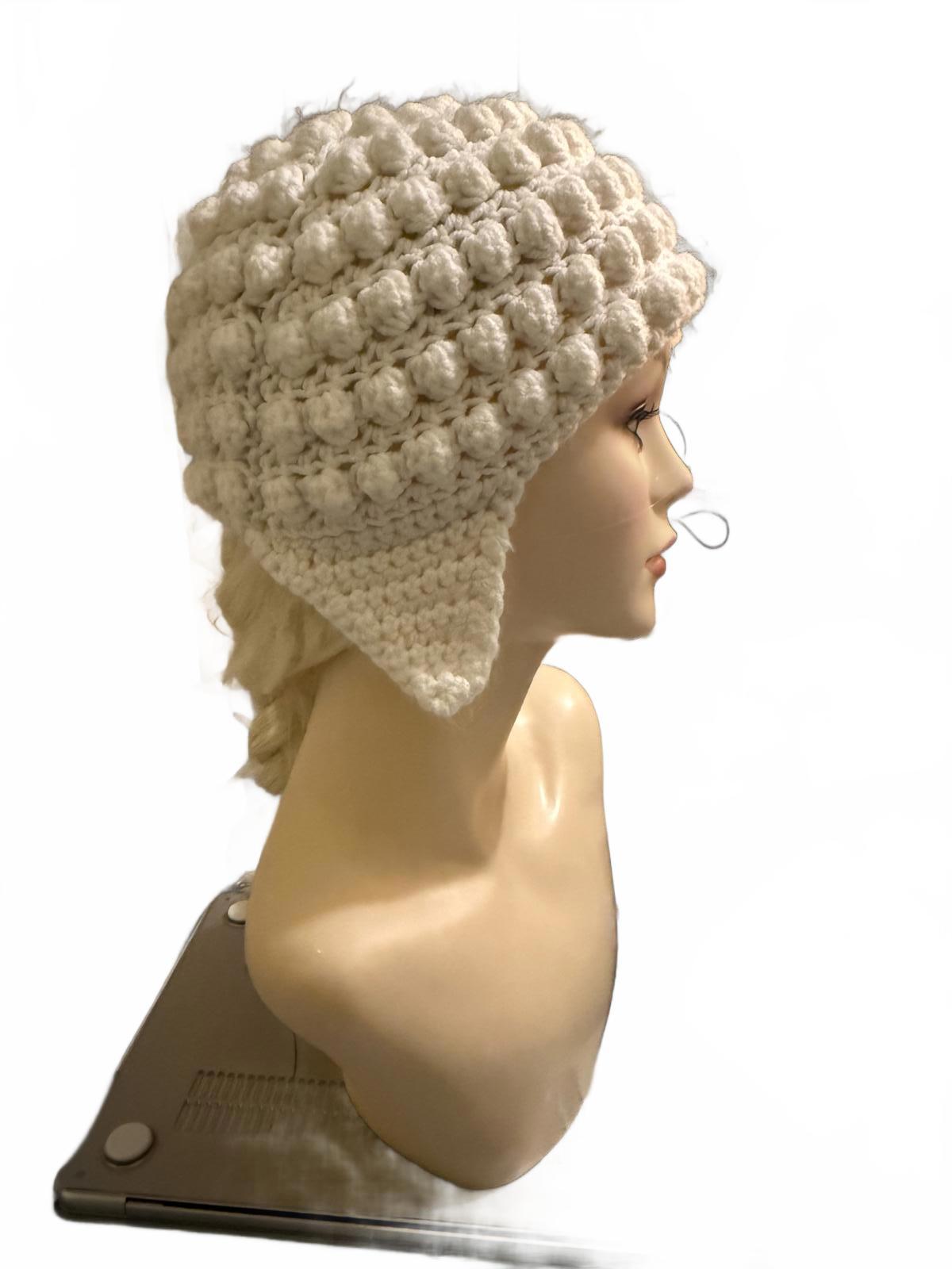 Handmade Cream Crochet Bubble Stitch Earflap Hat