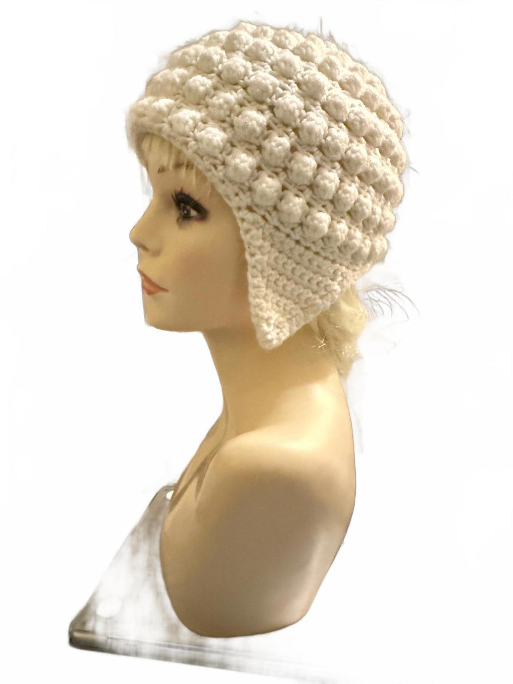 Handmade Cream Crochet Bubble Stitch Earflap Hat