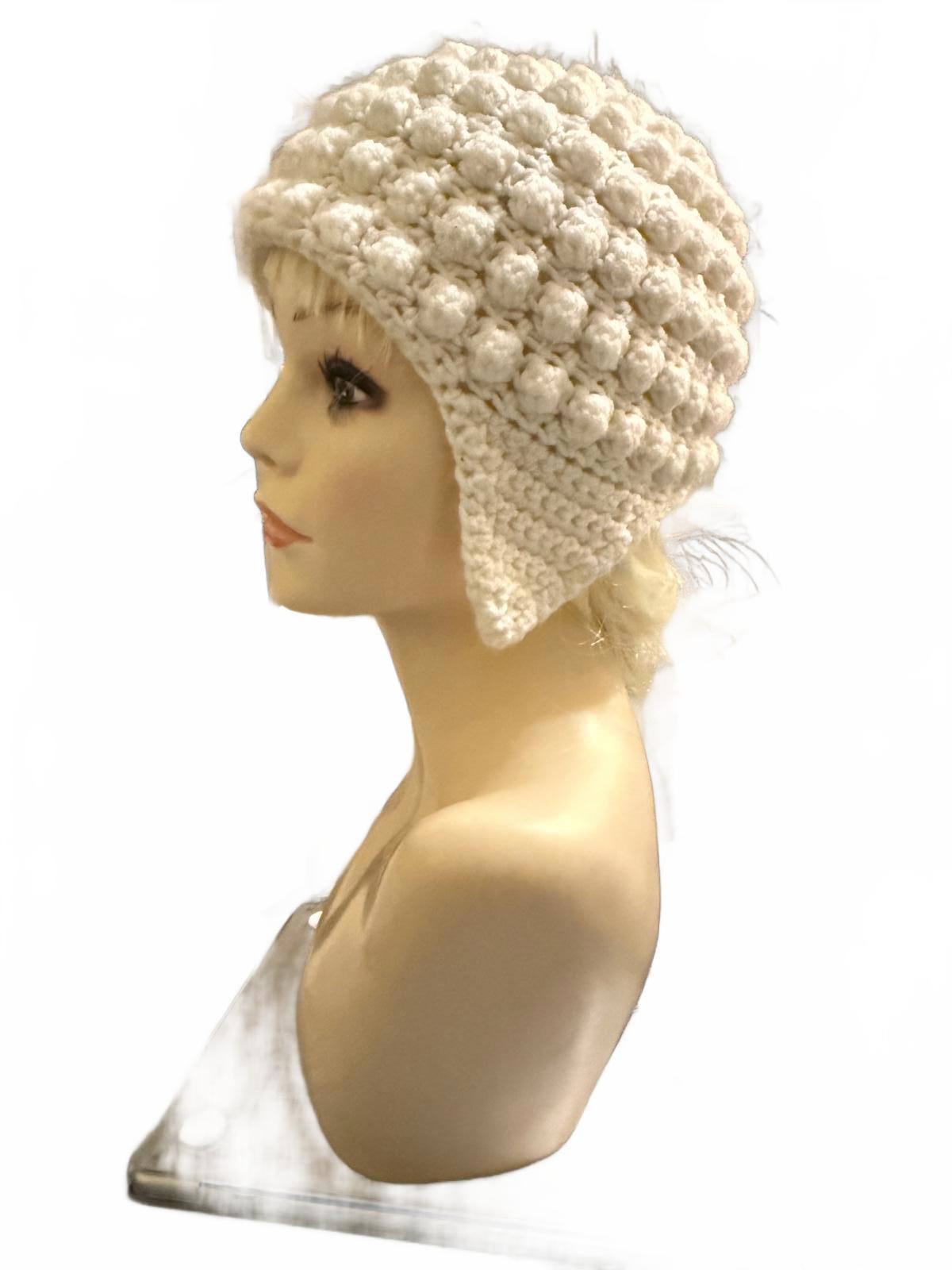 Handmade Cream Crochet Bubble Stitch Earflap Hat