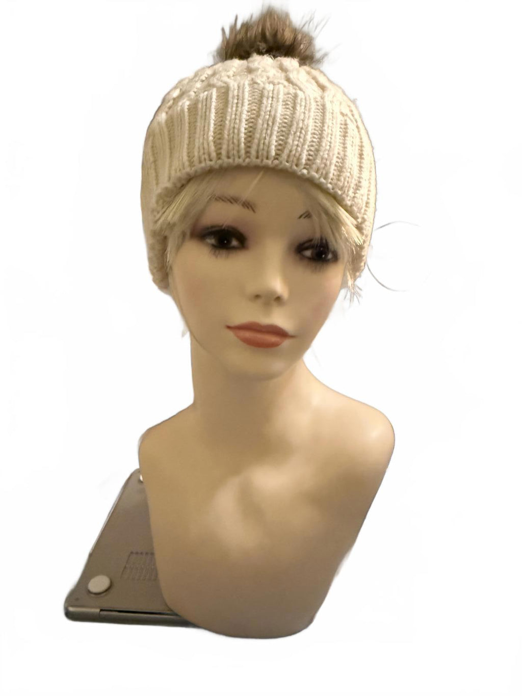 Cream Cable Knit Beanie with Faux Fur Pom Pom
