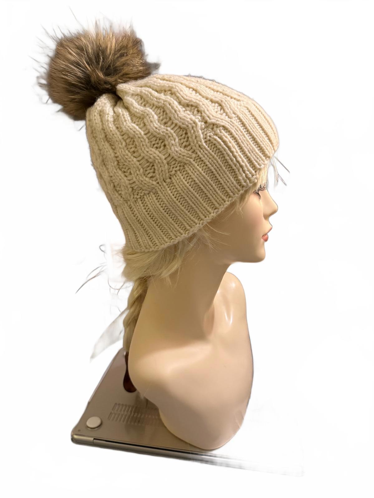 Cream Cable Knit Beanie with Faux Fur Pom Pom