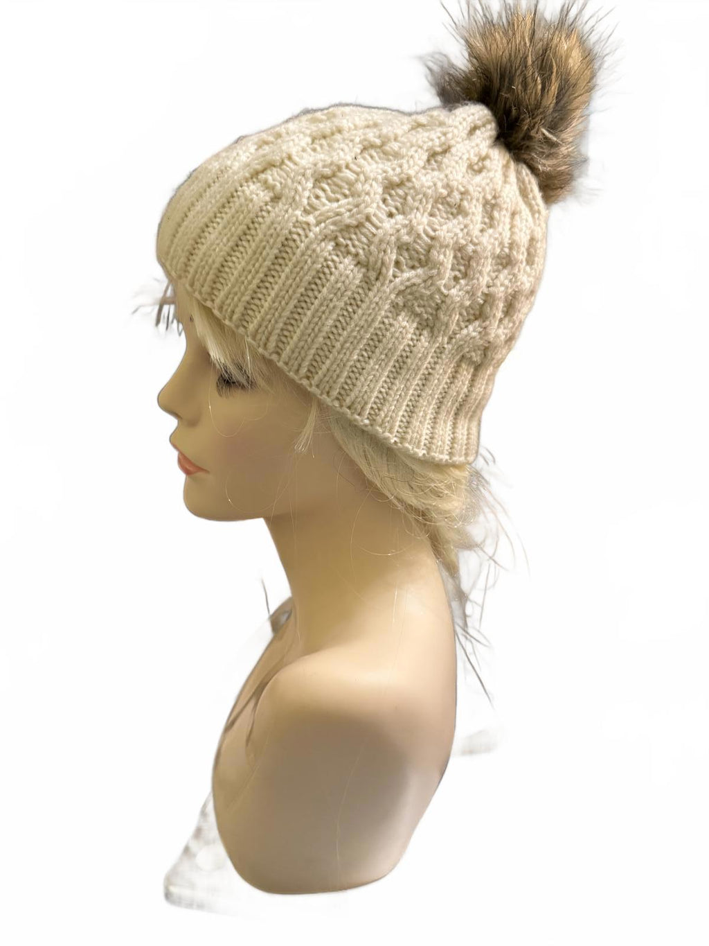 Cream Cable Knit Beanie with Faux Fur Pom Pom