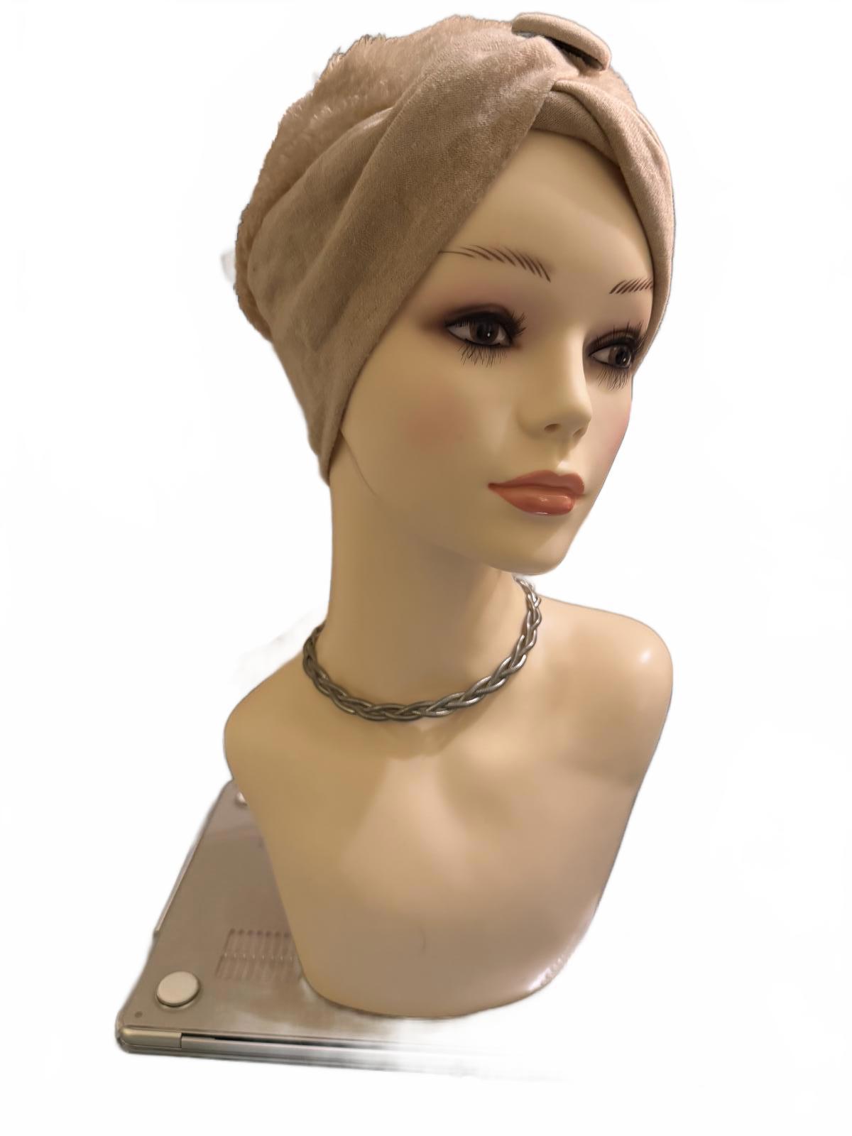 Beige Faux Fur and Fabric Turban Headband