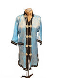 Vintage Blue Satin Brocade Long Coat with Black Trim