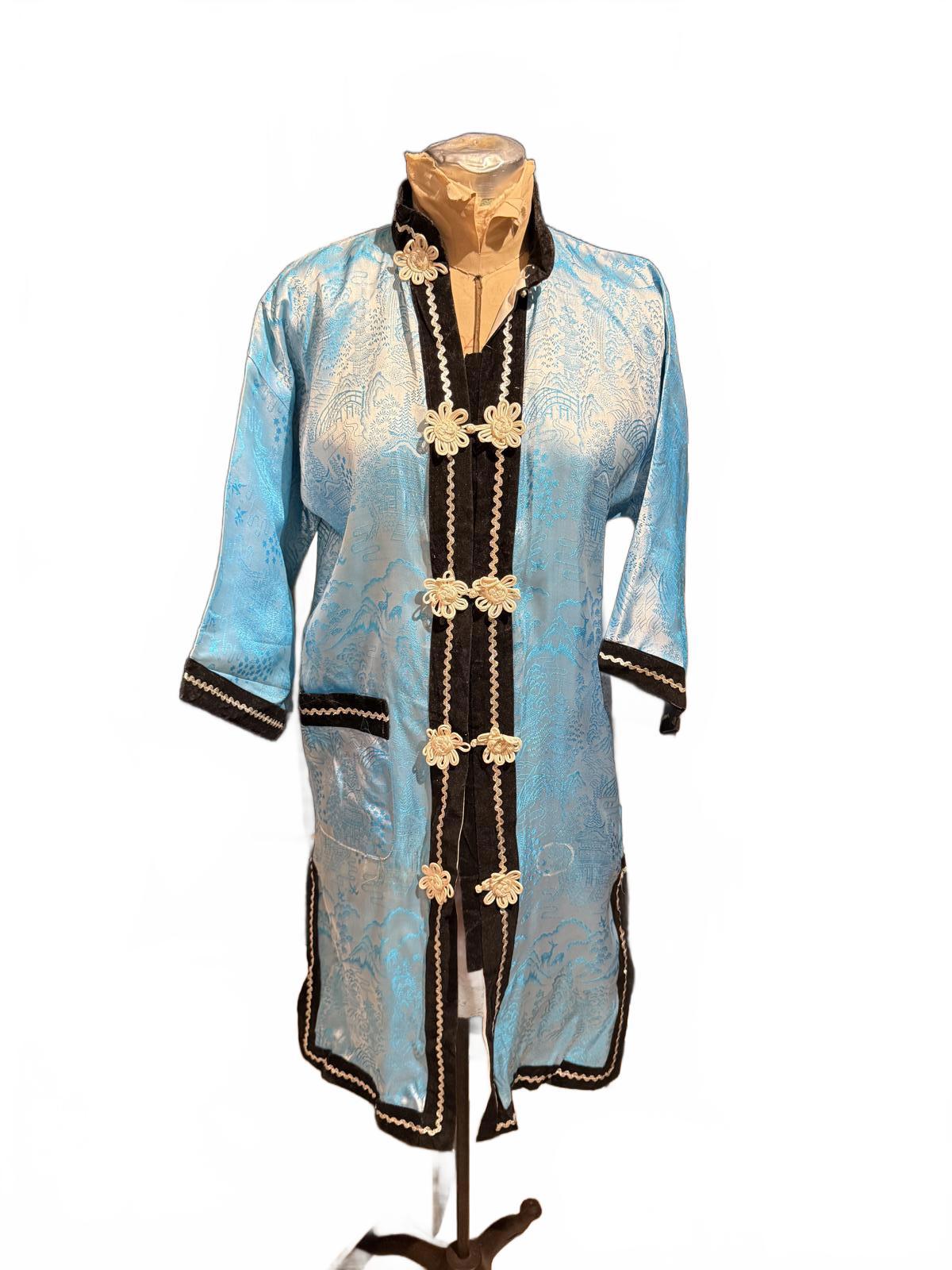 Vintage Blue Satin Brocade Long Coat with Black Trim