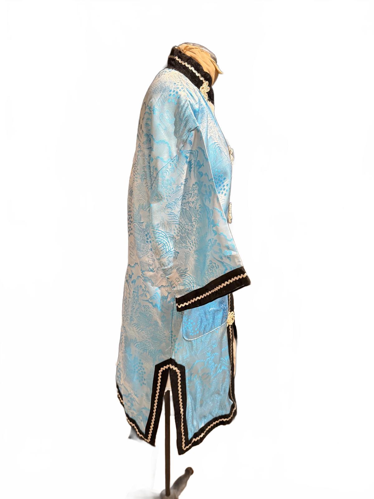 Vintage Blue Satin Brocade Long Coat with Black Trim