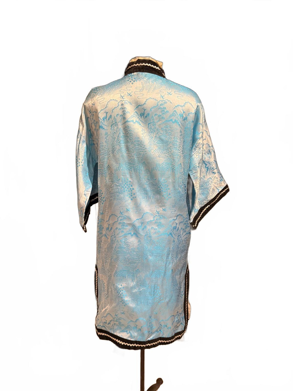 Vintage Blue Satin Brocade Long Coat with Black Trim