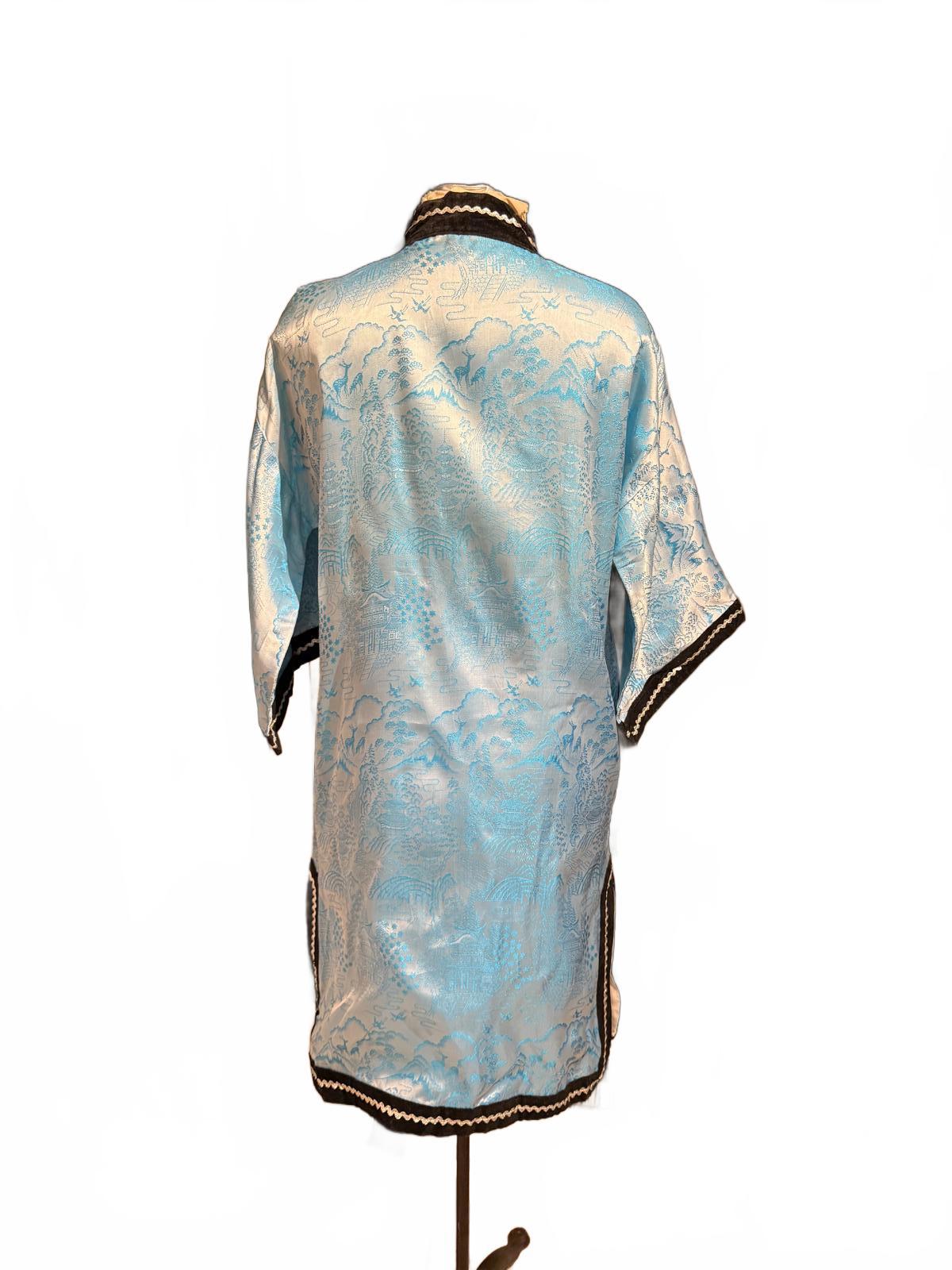 Vintage Blue Satin Brocade Long Coat with Black Trim
