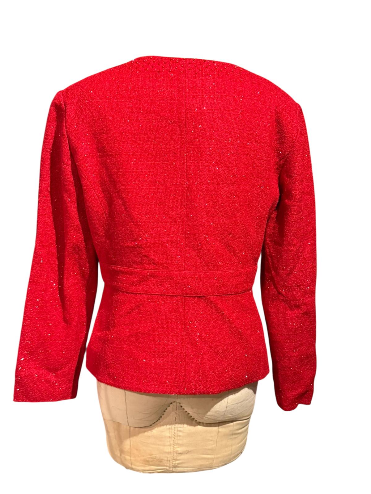 Adrianna Papell Red Tweed Long Sleeve Belted Jacket